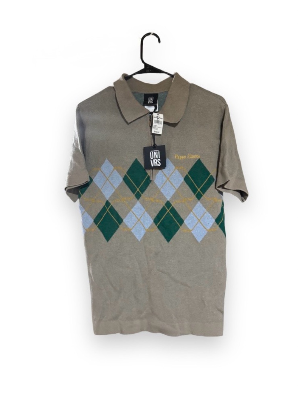 NWT Official Universal Studios UNIVRS Happy Gilmore Argyle Half-Zip Polo Small